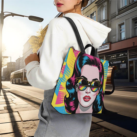 Person carrying a colorful backpack with a graphic design of a face on a city street.